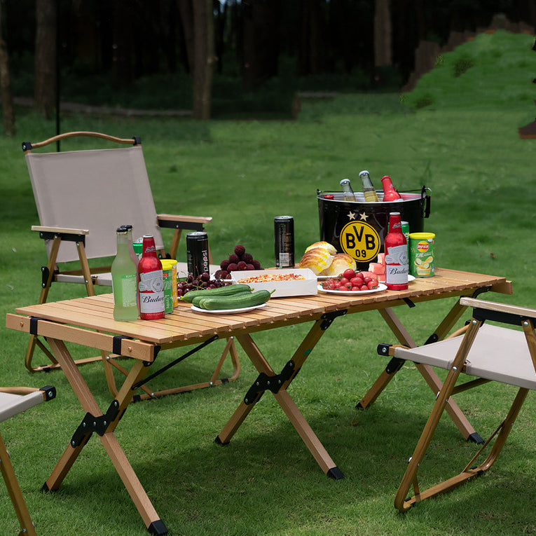 Outdoor Solid Wood Beech Egg Roll Table Camping Folding Table